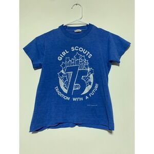 Girl Scouts Girls Size 10/12 Blue Vintage Graphic Short Sleeve Shirt Made in USA